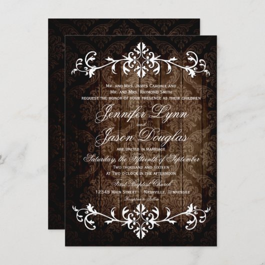Rustic Damask Wood Flourish Wedding Invitations Kaart (Voorkant / Achterkant)