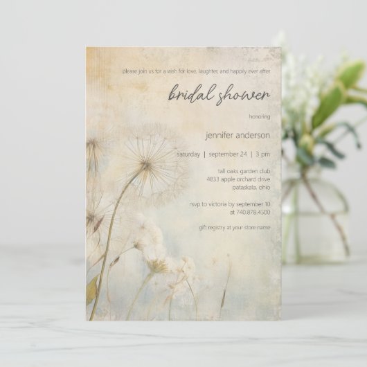Rustic Dandelion Bridal Shower Invitation Kaart (Staand voorkant)