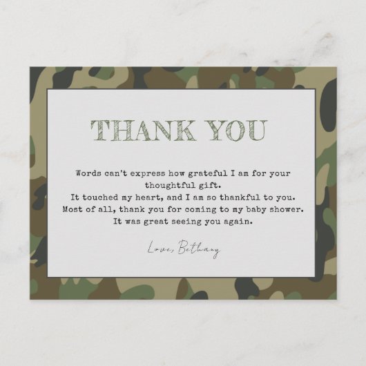 Rustic Dank je Baby shower Camo Briefkaart (Voorkant)