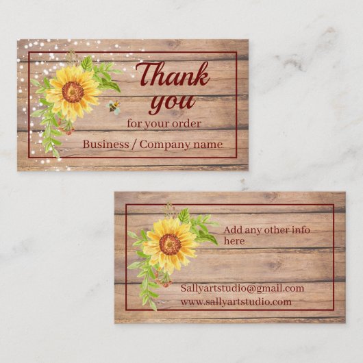 Rustic Dank je Waterverf Gele Zonnebloem Visitekaartje (Voorkant / Achterkant)