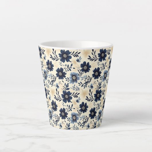 Rustic Dark Blue Beige Flower Folk Art Print Latte Mok (Voorkant)
