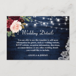 Rustic Dark Blue Red Floral Rights Wedding Details Informatiekaartje