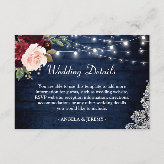 Rustic Dark Blue Red Floral Rights Wedding Details Informatiekaartje (Voorkant)