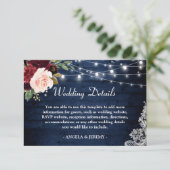 Rustic Dark Blue Red Floral Rights Wedding Details Informatiekaartje (Staand voorkant)