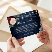 Rustic Dark Blue Red Floral Rights Wedding Details Informatiekaartje