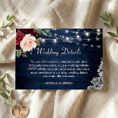 Rustic Dark Blue Red Floral Rights Wedding Details Informatiekaartje