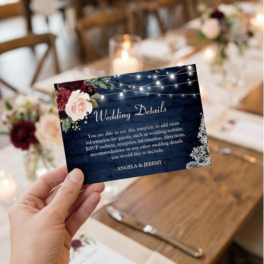 Rustic Dark Blue Red Floral Rights Wedding Details Informatiekaartje