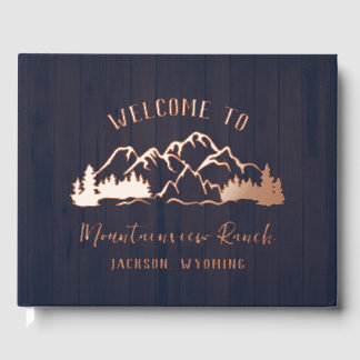 Rustic Dark Blue Wood Mountain Landscape Gastenboek