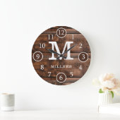 Rustic Dark Brown Wood Family Name Monogram Grote Klok (Huis)