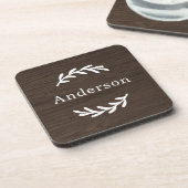 Rustic Dark Brown Wood Laurel Achternaam Monogram Bier Onderzetter (Linkerzijde)