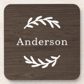 Rustic Dark Brown Wood Laurel Achternaam Monogram Bier Onderzetter (Voorkant)