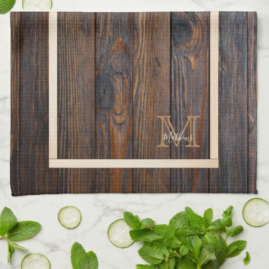 Rustic Dark Brown Wood Monogram Kitchen Towelen Theedoek (Gevouwen)