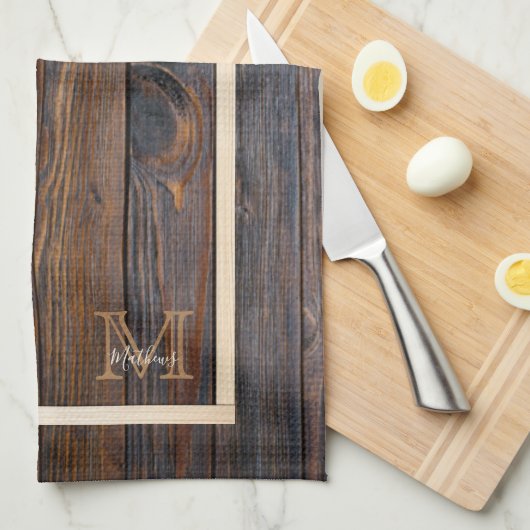 Rustic Dark Brown Wood Monogram Kitchen Towelen Theedoek (Quarter Fold)