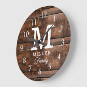 Rustic Dark Brown Wood Monogramed Familienaam Grote Klok (Hoek)