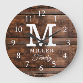 Rustic Dark Brown Wood Monogramed Familienaam Grote Klok