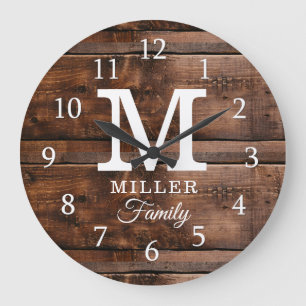 Rustic Dark Brown Wood Monogramed Familienaam Grote Klok