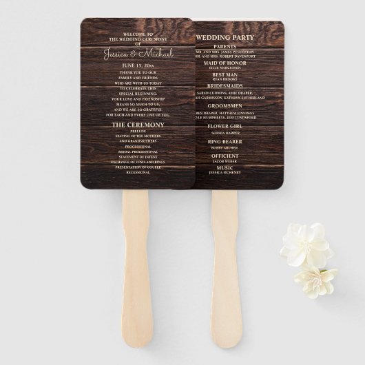 Rustic Dark Brown Wood Wedding Programme Handwaaier (Voorkant en achterkant)