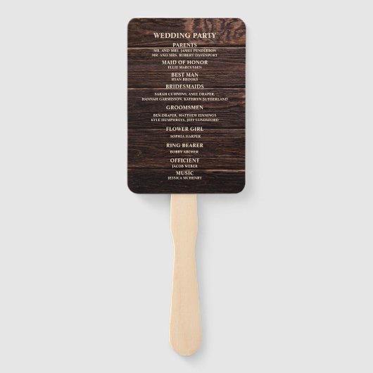 Rustic Dark Brown Wood Wedding Programme Handwaaier (Achterkant)
