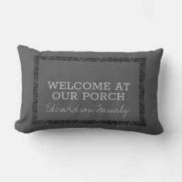 Rustic dark gray welcome porch family name buitenkussen