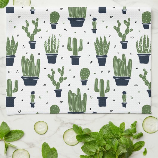 Rustic Dark Green Cactus Desert Pattern Theedoek (Gevouwen)