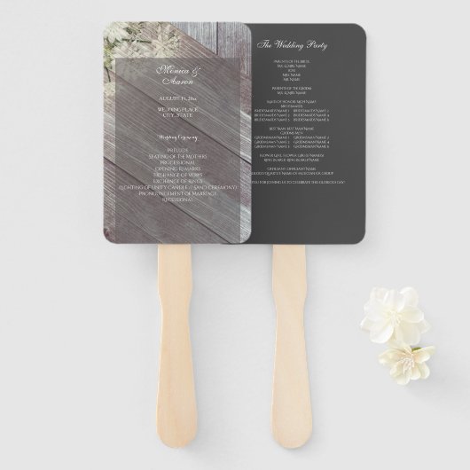 Rustic Dark Grey Wood Floral Wedding Programme Handwaaier (Voorkant en achterkant)