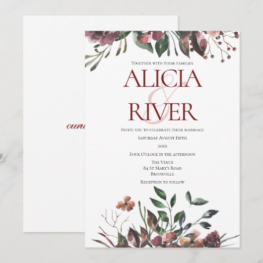 Rustic Dark Herfst Floral Wedding Invitation Kaart (Voorkant / Achterkant)