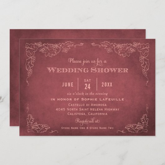 Rustic Dark Red Vineyard Wedding Shower Kaart (Voorkant / Achterkant)