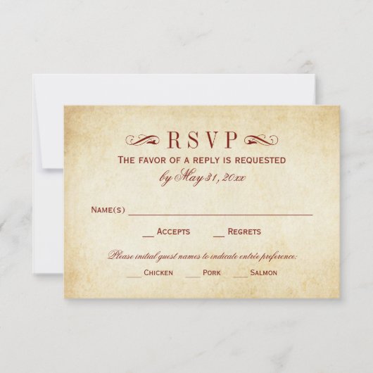 Rustic Dark Red Vlourish Parchment Wedding RSVP Kaartje (Voorkant)