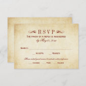 Rustic Dark Red Vlourish Parchment Wedding RSVP Kaartje (Voorkant / Achterkant)