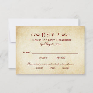  Rustic Dark Red Vlourish Parchment Wedding RSVP Kaartje