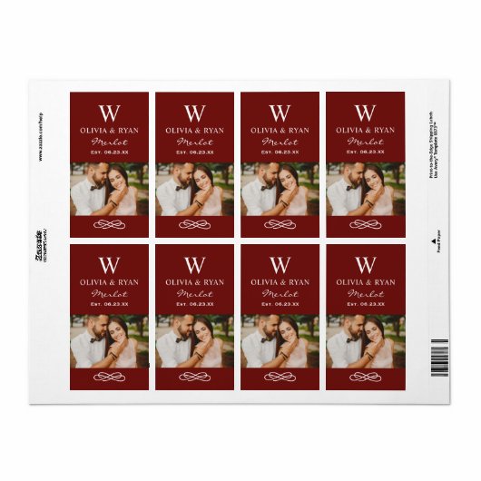 Rustic Dark Red Wedding Monogram Wine Foto Etiket (Full Sheet)