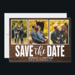 Rustic Dark Wood 3 Foto Collage Save The Date<br><div class="desc">kondig je trouwdag aan met dit rustige land,  drie fotocollage,  behalve de datum.</div>