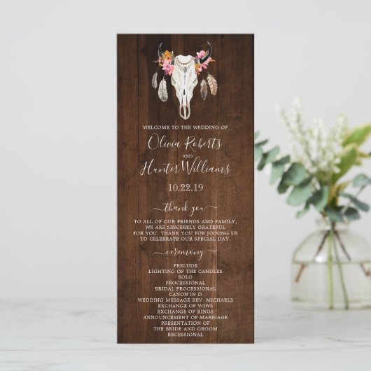 Rustic Dark Wood Antler Skull Wedding Program (Staand voorkant)