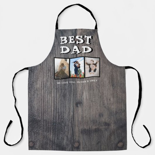 Rustic Dark Wood Beste vader 3 Foto's Keepslag Schort (Voorkant)