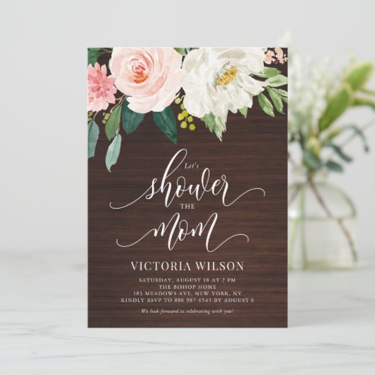 Rustic Dark Wood Blush Floral Herfst Baby shower Kaart (Staand voorkant)