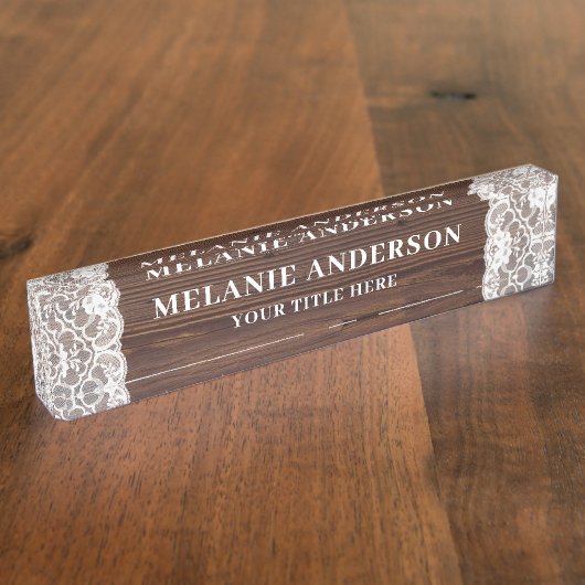 Rustic Dark Wood en Lace Wedding Planner Naambordje (Zijkant)