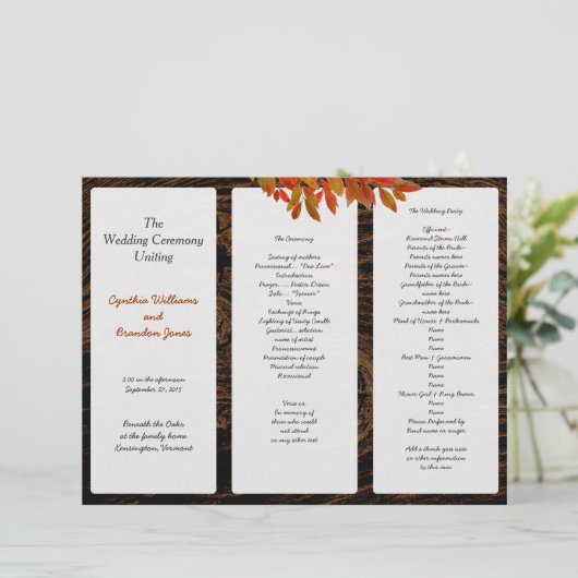 Rustic Dark Wood Fall Wedding Tri-Fold Programme (Staand voorkant)