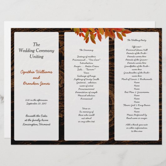 Rustic Dark Wood Fall Wedding Tri-Fold Programme (Voorkant / Achterkant)