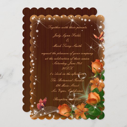 Rustic Dark Wood Floral Butterfly Wedding Kaart (Voorkant / Achterkant)