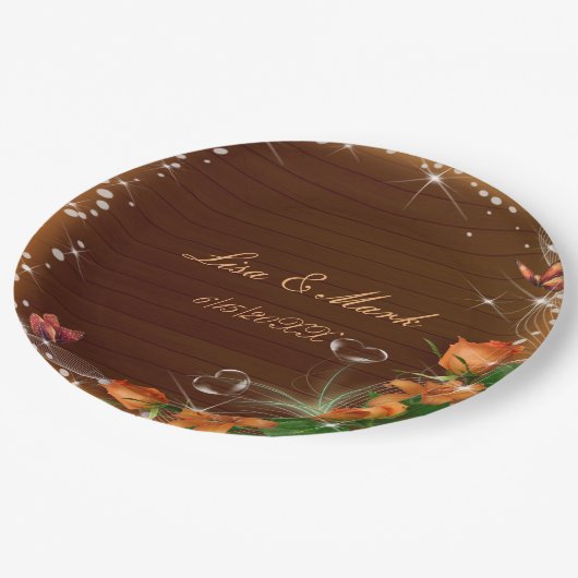 Rustic Dark Wood Floral Butterfly Wedding Papieren Bordje (Gekanteld)