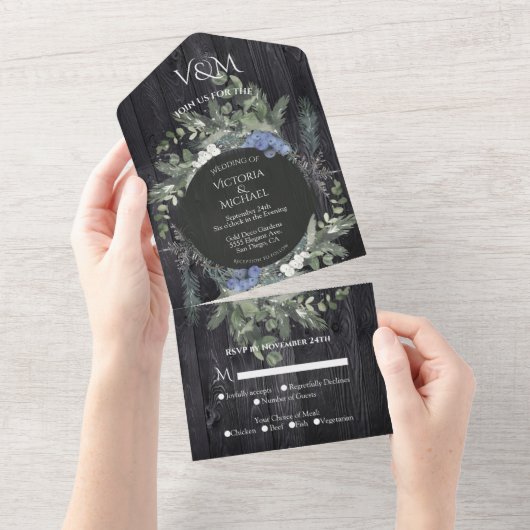 Rustic Dark Wood Floral & Pine Wedding All In One Uitnodiging (Afscheurbaar)