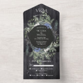 Rustic Dark Wood Floral & Pine Wedding All In One Uitnodiging (Binnen)
