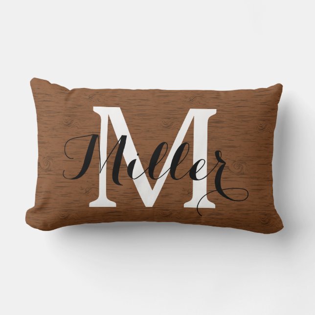 Rustic Dark Wood Grain Monogram Kussen (Voorkant)