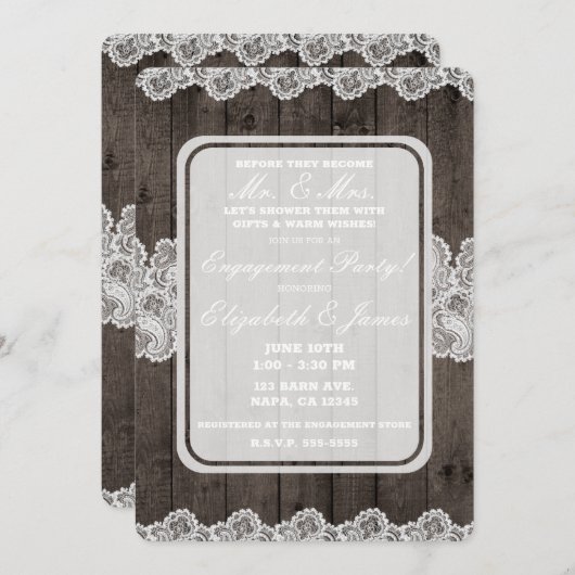 Rustic Dark Wood & Lace Elegant Engagement Party Kaart (Voorkant / Achterkant)