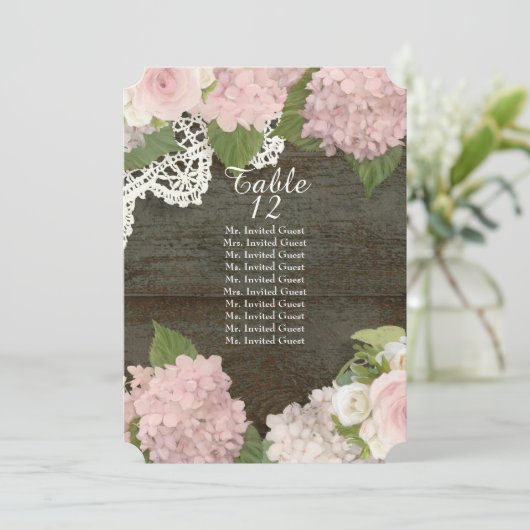 Rustic Dark Wood Lace Roos Hydrangea Table Seating Kaart (Staand voorkant)