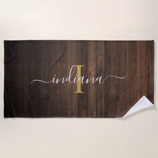 Rustic Dark Wood Monogram Script Name Initiaal Strandlaken (Voorkant)