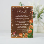 Rustic Dark Wood Oranje Floral Wedding Details Informatiekaartje (Staand voorkant)