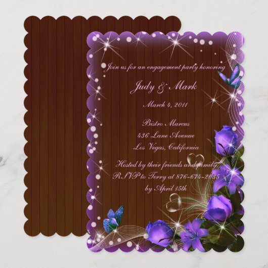 Rustic Dark Wood Paars Floral Engagement Party Kaart (Voorkant / Achterkant)