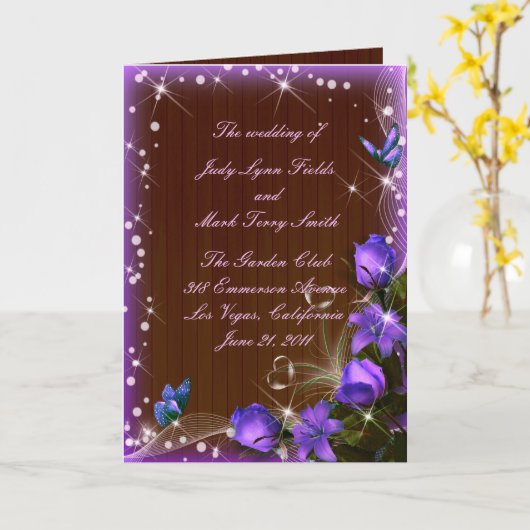 Rustic Dark Wood Paars Floral Program Kaart (Gele Bloem)