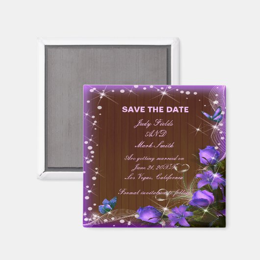 Rustic Dark Wood Paars Floral Save the Date Magneet (Voorkant / Achterkant)